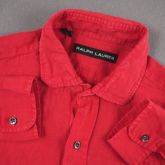 Black Label Ralph Lauren Linen Mens S Slim Fit Red Long Sleeve Button Up Shirt